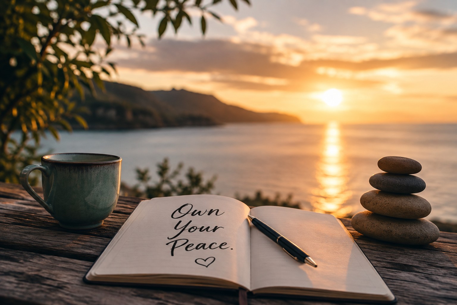 Own Your Peace journal beside a cup and stacked stones at sunset