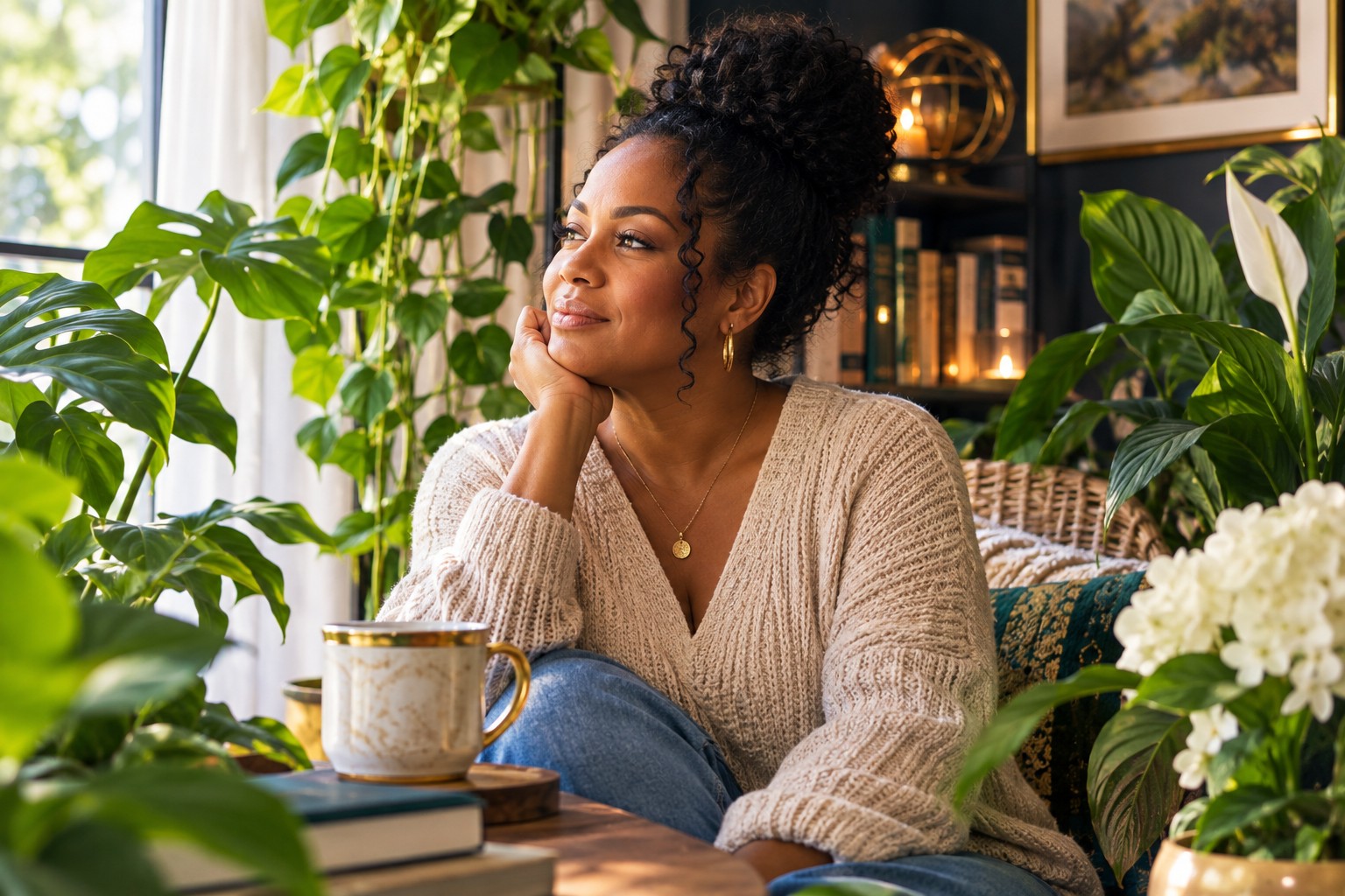 Woman sitting thoughtfully at a table surrounded by green plants