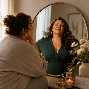 Woman looking in the mirror reflecting on being your authentic self