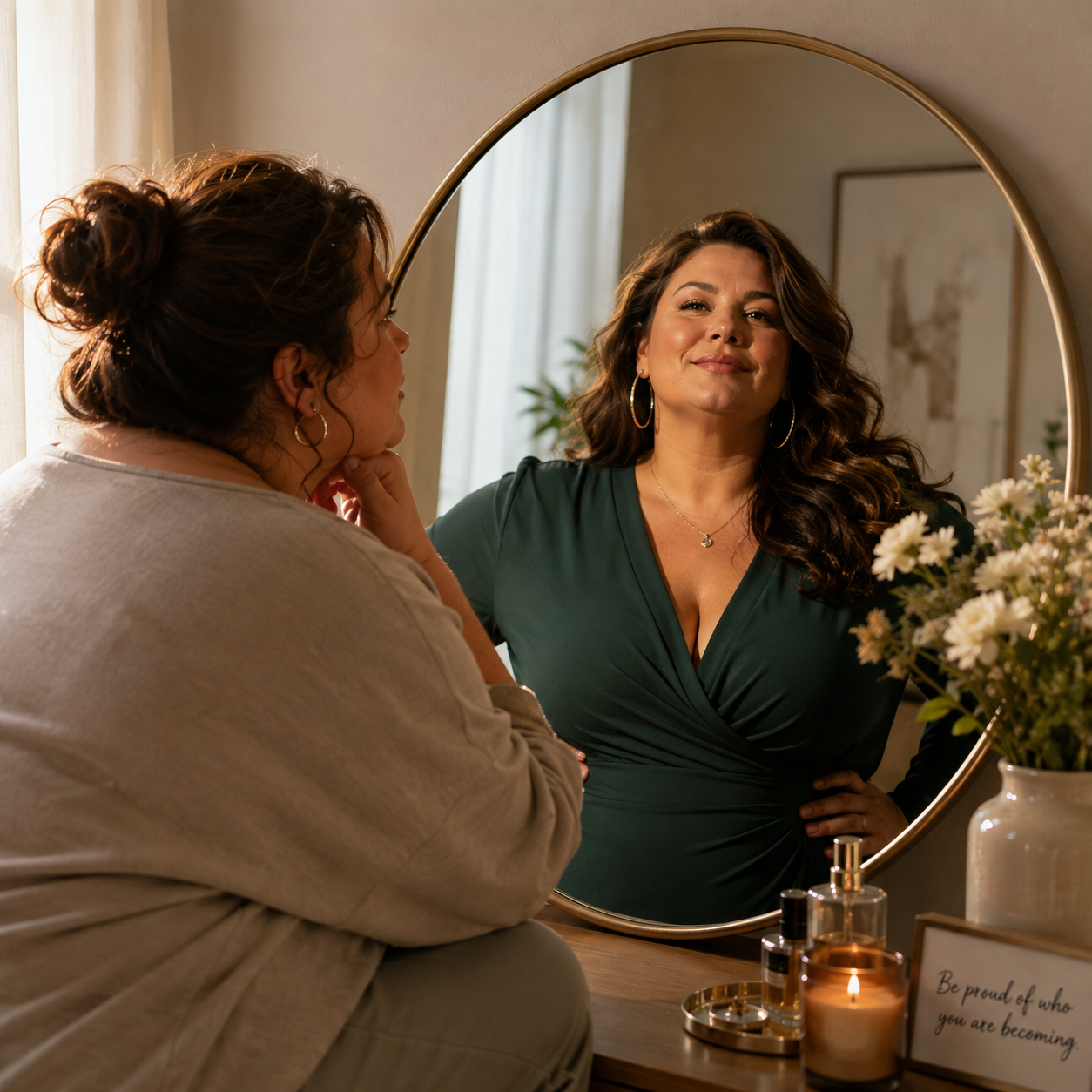 Woman looking in the mirror reflecting on being your authentic self