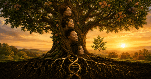 Generational strength represented by four generations of women woven into a family tree with DNA-shaped roots