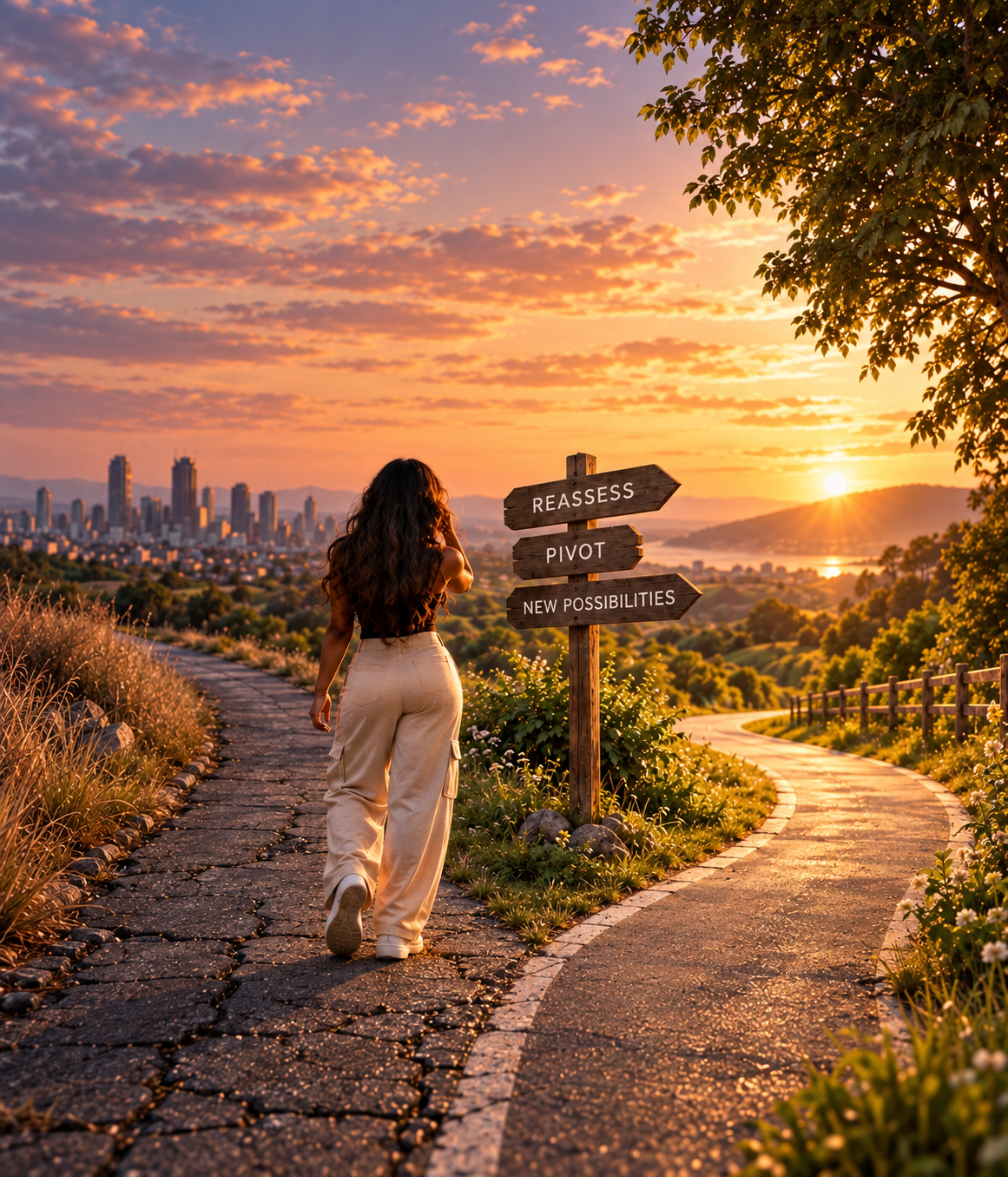 Woman walking toward a fork in the road beside signs reading “Reassess,” “Pivot,” and “New Possibilities” at sunset.
